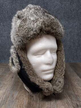 Mad Bomber Trapper Hat Adult Large Black Nylon Real Rabbit Fur Ear Flap Cap-warm